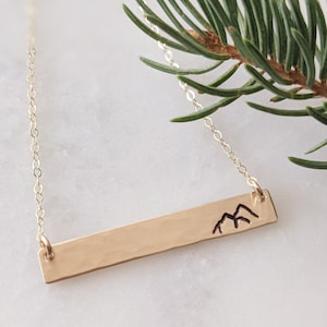 Personalized Mountain Bar Necklace, Hand Stamped Jewelry, 14k Gold Filled, Sterling Silver, Date or Name Necklace, Outdoors Jewelry for Her