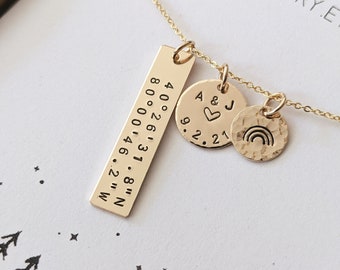 Custom Coordinates Necklace, Hand Stamped Date Necklace, Initial Necklace, Heart, Anniversary Gift, Wedding, Personalized Gift, Mothers Day