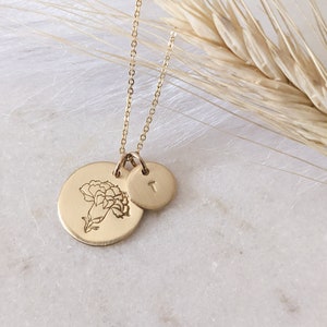 Carnation January Birth Flower Disc Necklace with Initial, Dainty, 14k Gold Filled, Sterling Silver, Custom Jewelry, Gift for Her, Christmas image 1