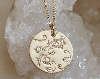 Lily of the Valley Necklace, 14k Gold Filled or Sterling Silver, May Birth Flower Jewelry, Floral Disc Necklace, Mom Gift, Mothers Day Gift