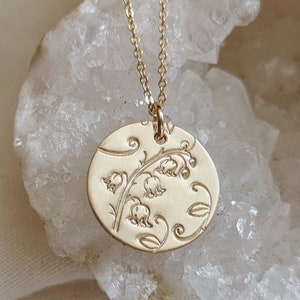 Lily of the Valley Necklace, 14k Gold Filled or Sterling Silver, May Birth Flower Jewelry, Floral Disc Necklace, Mom Gift, Mothers Day Gift