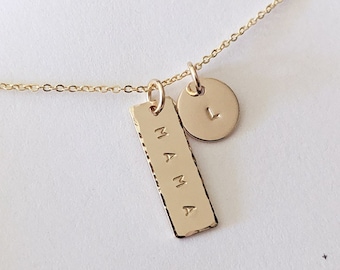 Mom Mama Mini Bar Necklace, Hand Stamped, Custom Initial Jewelry, 14k Gold Filled, Sterling Silver, Personalized Gift, Mothers Day Gift