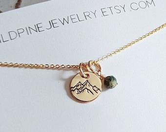 May Birthday, Hand Stamped Mountain Necklace, Gold Filled, Silver, Birthday Gift for Her, Emerald Necklace, Nature Jewelry, Mothers Day Gift