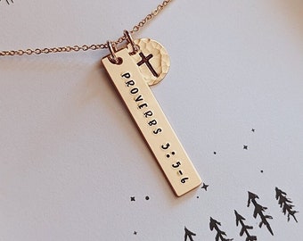 Hand Stamped Proverbs 3:5-6 Necklace, 14k Gold Filled, Sterling Silver, Bible Verse, Faith Necklace, Christian Cross Jewelry, Religious Gift