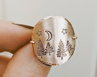 14k Gold Filled Evergreen Tree Statement Ring, Wanderlust Gift, Forest Jewelry, Stand by Me, Nature Gift, My Moon and Stars, Hand Stamped