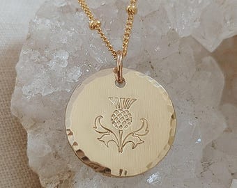 Hand Stamped Thistle Necklace, 14k Gold Filled, Sterling Silver, Scottish Jewelry, Sassenach, Celtic Jewelry, Gift for Her, Christmas Gift