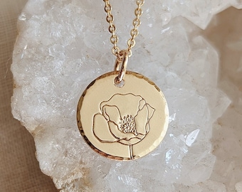 Dainty Hand Stamped Poppy Necklace, Wildflower Floral Birth Flower Necklace, August Birthday, Gift for Her, 14k Gold Filled, Sterling Silver