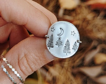 Sterling Silver Evergreen Tree Statement Ring, Wanderlust Gift, Forest Jewelry, Stand by Me, Nature Gift, My Moon and Stars, Hand Stamped