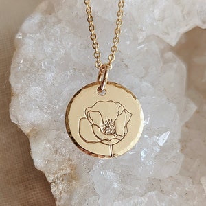 Dainty Hand Stamped Poppy Necklace, Wildflower Floral Birth Flower Necklace, August Birthday, Gift for Her, 14k Gold Filled, Sterling Silver