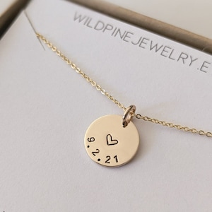 Personalized Date Disc Necklace, 14k Gold Filled, Sterling Silver, Custom Heart Necklace, Anniversary Date, Wedding Date, Mothers Day image 5