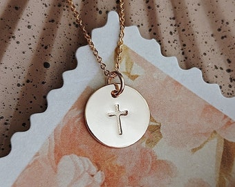 Hand Stamped Cross Necklace, Christian Necklace, Gift for Her, Gold Filled, Sterling Silver, Bible Gift, Dainty Cross Jewelry, Mothers Day