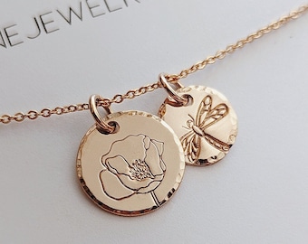 Dainty Hand Stamped Poppy Necklace with Dragonfly, Floral, Gold, Silver, Garden Inspired Jewelry, August Birthday Gift For Her, Mothers Day