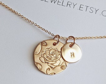 Personalized Birth Flower Necklace, Birth Flower Jewelry, Hand Stamped, 14k Gold Filled, Silver, Custom Initial Necklace, Mothers Day Gift