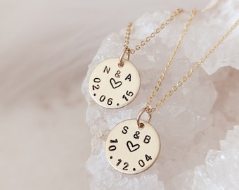 Personalized Date Initials Disc Necklace, 14k Gold Filled, Sterling Silver, Custom Heart Necklace, Anniversary, Wedding Date, Mothers Day