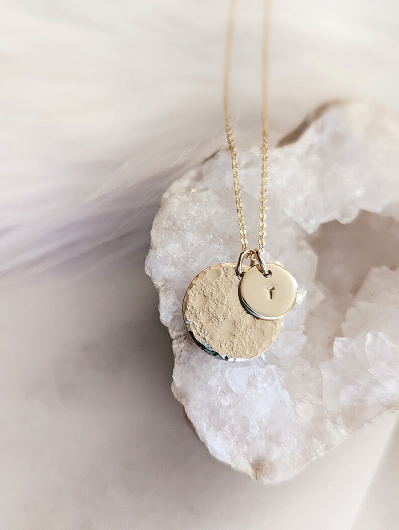 Full Moon Disc Necklace, 14k Gold Fill, Sterling Silver, Moon Pendant, Dainty Jewelry, Hammered Circle Initial Necklace, Mothers Day Gift image 5