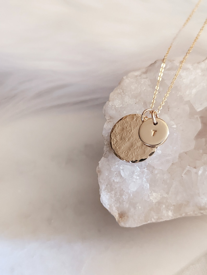 Full Moon Disc Necklace, 14k Gold Fill, Sterling Silver, Moon Pendant, Dainty Jewelry, Hammered Circle Initial Necklace, Mothers Day Gift image 3