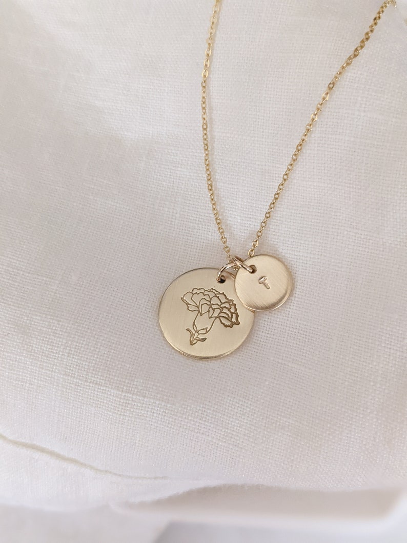 Carnation January Birth Flower Disc Necklace with Initial, Dainty, 14k Gold Filled, Sterling Silver, Custom Jewelry, Gift for Her, Christmas image 5