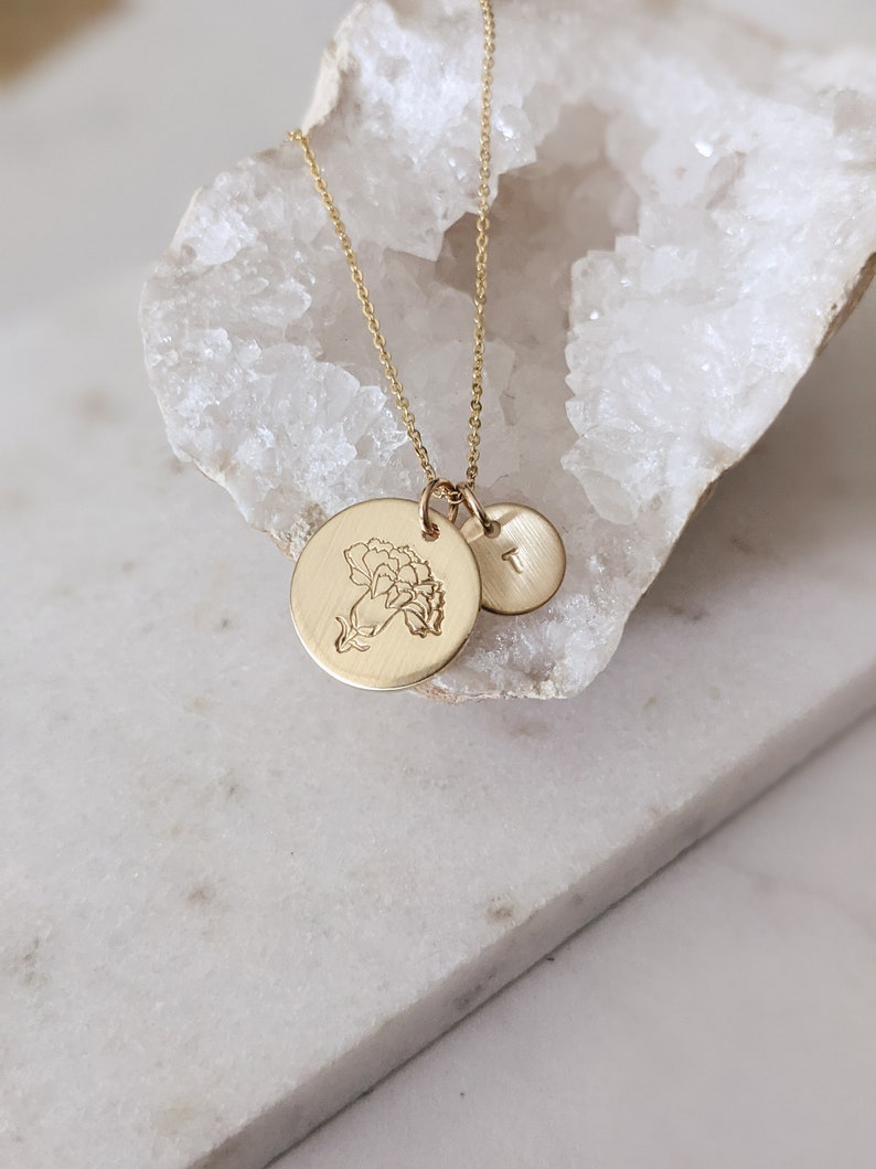 Carnation January Birth Flower Disc Necklace with Initial, Dainty, 14k Gold Filled, Sterling Silver, Custom Jewelry, Gift for Her, Christmas image 6