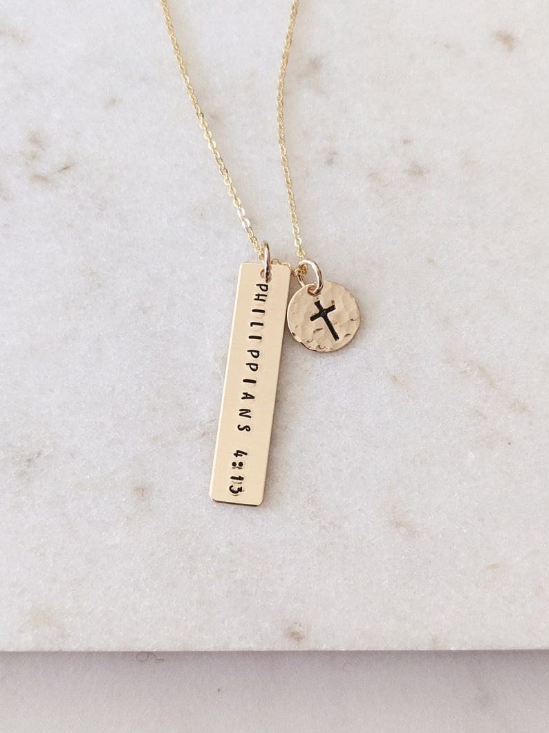 Custom Bible Verse, Scripture Bar Necklace, 14k Gold Filled, Sterling Silver Personalized Christian Jewelry, Baptism Gift for Her, Easter image 2