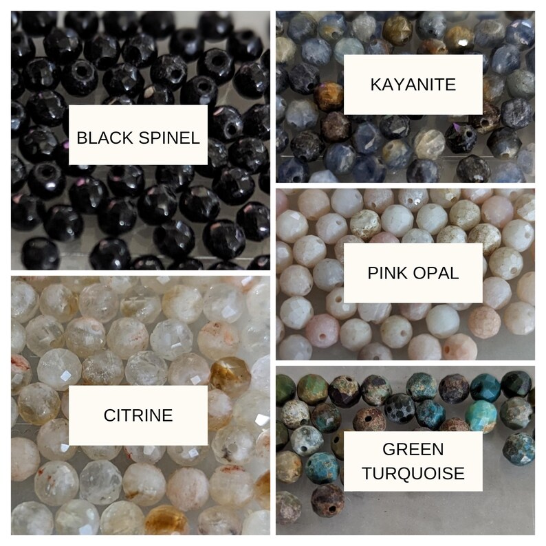May include: A collection of faceted gemstone beads organized into five groups labeled Black Spinel, Kayanite, Pink Opal, Citrine, and Green Turquoise. Each section displays small, round, multi-faceted stones in their respective colors.