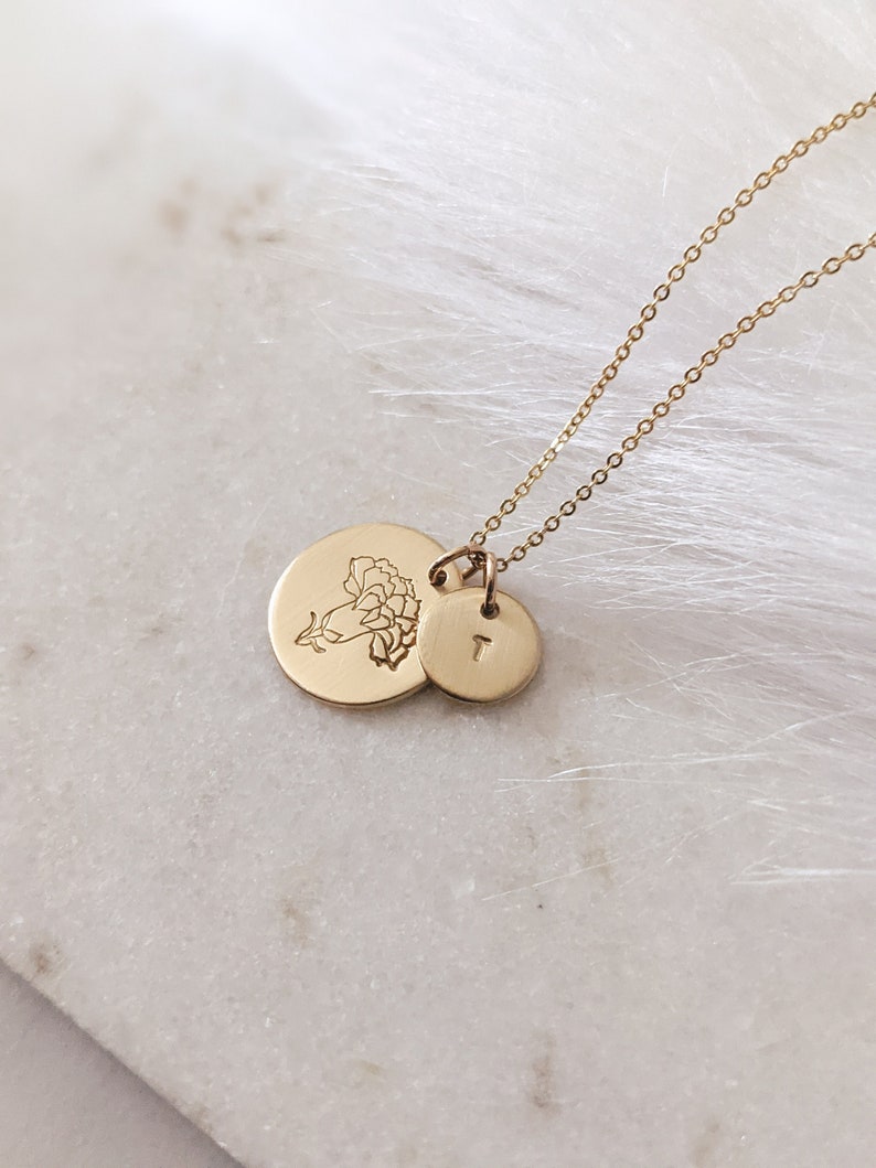 Carnation January Birth Flower Disc Necklace with Initial, Dainty, 14k Gold Filled, Sterling Silver, Custom Jewelry, Gift for Her, Christmas image 2