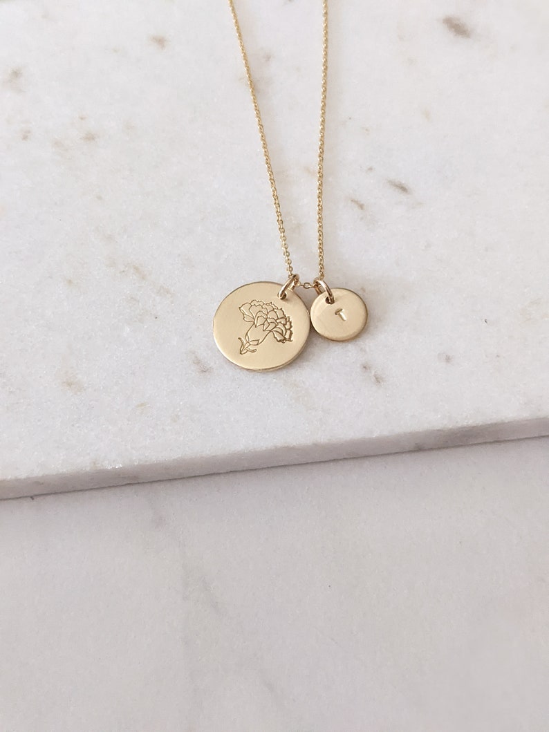 Carnation January Birth Flower Disc Necklace with Initial, Dainty, 14k Gold Filled, Sterling Silver, Custom Jewelry, Gift for Her, Christmas image 4