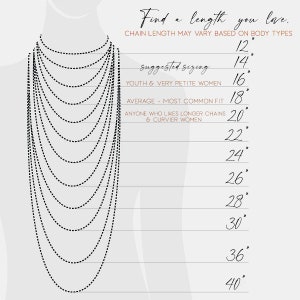 May include: A diagram showing different necklace lengths in inches, from 12 inches to 40 inches. The diagram shows how the necklace would look on a person's neck. The text suggests different lengths for youth, average height, and taller people.