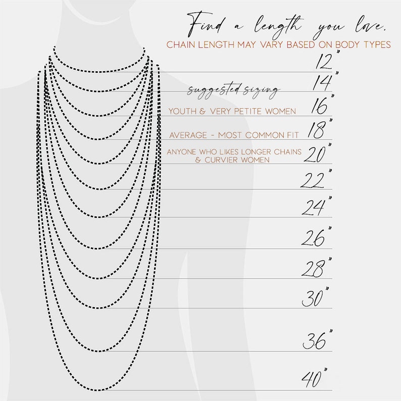 May include: A diagram showing different necklace lengths in inches, from 12 inches to 40 inches. The diagram shows how the necklace would look on a person's neck. The text suggests different lengths for youth, average height, and taller people.