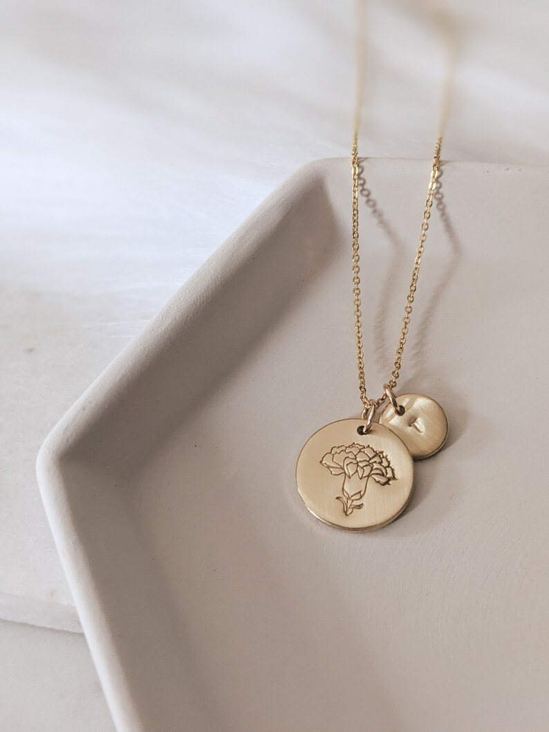Carnation January Birth Flower Disc Necklace with Initial, Dainty, 14k Gold Filled, Sterling Silver, Custom Jewelry, Gift for Her, Christmas image 3
