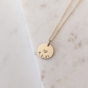 Personalized Date Disc Necklace, 14k Gold Filled, Sterling Silver, Custom Heart Necklace, Anniversary Date, Wedding Date, Mothers Day image 4