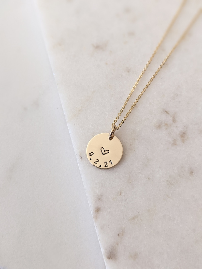 Personalized Date Disc Necklace, 14k Gold Filled, Sterling Silver, Custom Heart Necklace, Anniversary Date, Wedding Date, Mothers Day image 4