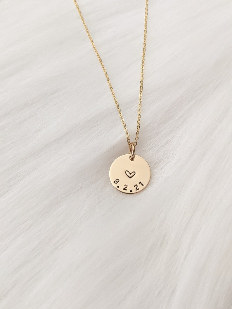 Personalized Date Disc Necklace, 14k Gold Filled, Sterling Silver, Custom Heart Necklace, Anniversary Date, Wedding Date, Mothers Day image 1