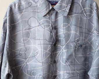 Vintage Men Grey Abstract Print  Short Sleeve Silk Shirt  Size XL