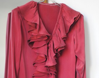 Vintage  Silk Red  Blouse, Women Red Silk Long Sleeve Ruffle Blouse.