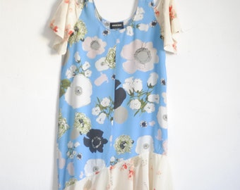 Vintage  Woman Blue White  Floral  Ruffled Asymmetric Silk Dress