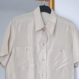 Vintage  Silk Shirt, Beige Silk Short Sleeve Shirt, Women Silk  Blouse ,