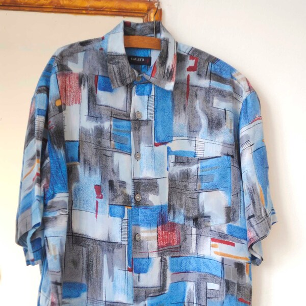 Vintage Men Silk Shirt,  Blue Grey Abstract Ptint  Silk Short Sleeve Shirt ,