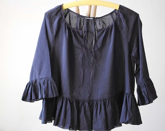 Vintage Woman Navy Blue Ruffle Silk Blouse Size Small