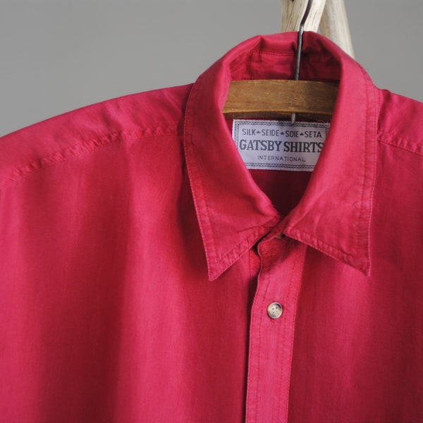 Vintage  Men Silk Shirt,  Red Short Sleeves Silk Shirt Size M,
