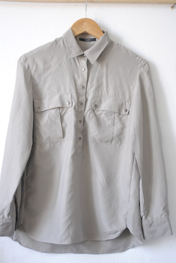 Vintage  Silk Shirt, Grey Color Silk Long Sleeve S