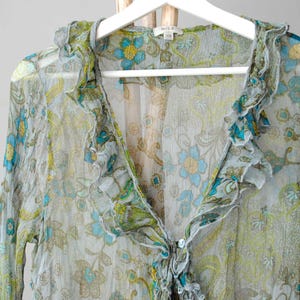 Vintage Woman Silk Floral Blouse, Green Ruffled Textured Transparent Silk Blouse Size Small