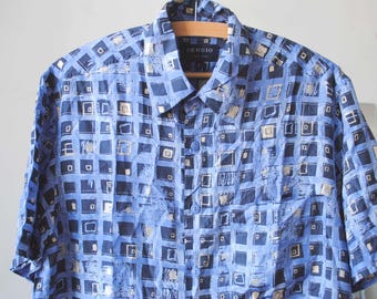 Vintage Men Blue Abstract Silk Shirt  Size S