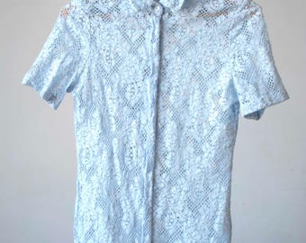 Vintage Woman Blue Floral Lace Blouse