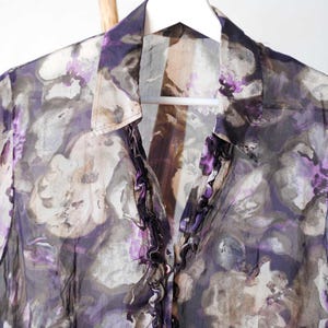 Vintage Woman Violet Grey Floral Silk Blouse,  Ruffled Textured Transparent Silk Blouse Size Medium