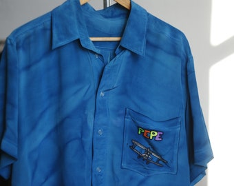 Vintage Men Silk Shirt,  Blue Silk Short Sleeve Shirt Pattern of Airplanes