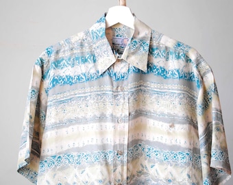 Vintage Men Blue Green  Silk Shirt Size Small