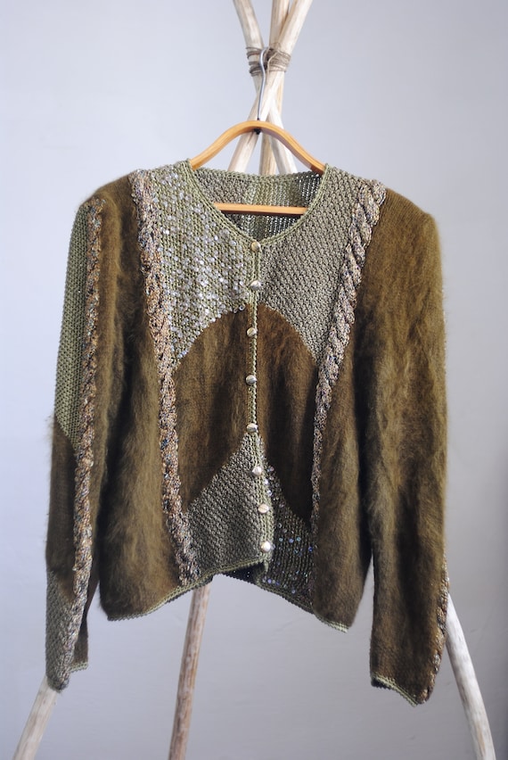 Vintage Women Angora  Knitted Sweater , Khaki Colo