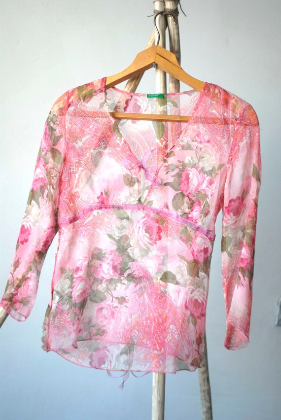 Vintage  Silk  Floral Print Pink Top, Rose Women … - image 2