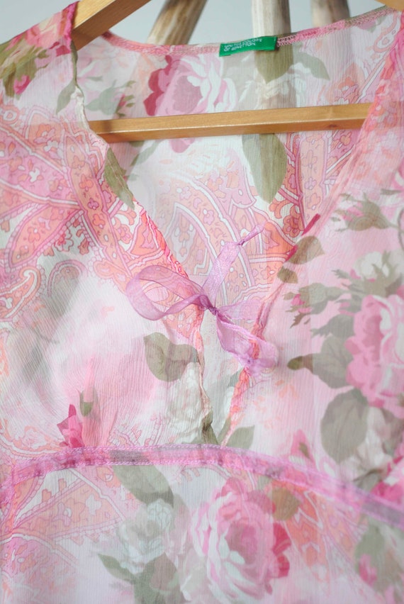 Vintage  Silk  Floral Print Pink Top, Rose Women … - image 5