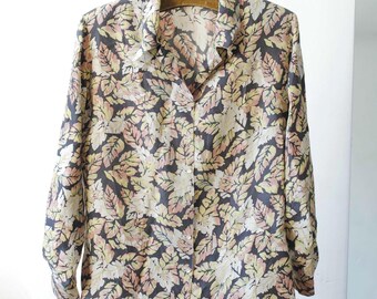 Vintage  Leavs Print Woman Silk Blouse